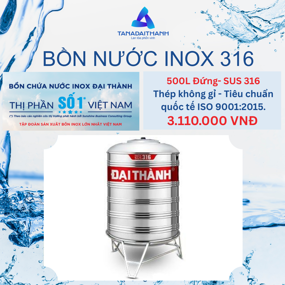 Bồn Nước Inox 316 Đại Thành Đứng 500L