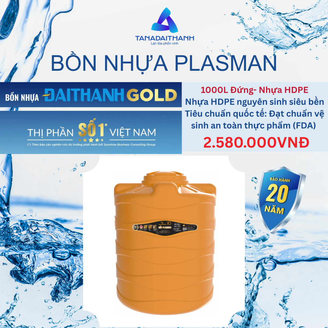 Bồn Nước Nhựa Đứng Plasman Cam Đại Thành 1000L